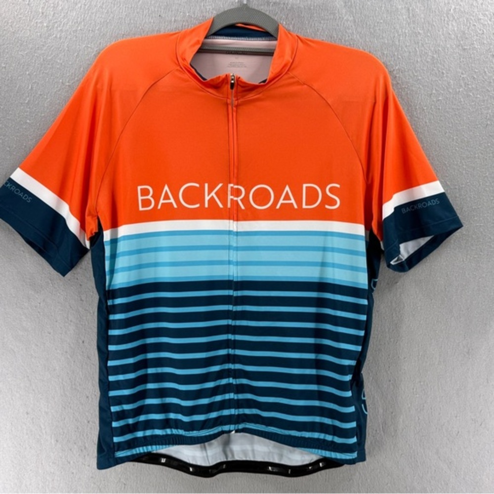 Louis Garneau Cycling Jersey Mens M Orange‎ Blue Full Zip Backroads Short Sleeve